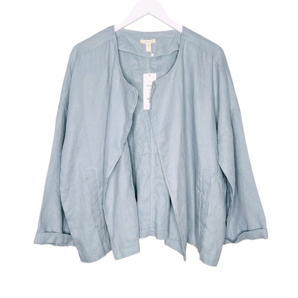 Eileen Fisher Heavy Organic Linen Drape Front Jacket Dawn Blue Size L NEW - Picture 3 of 11